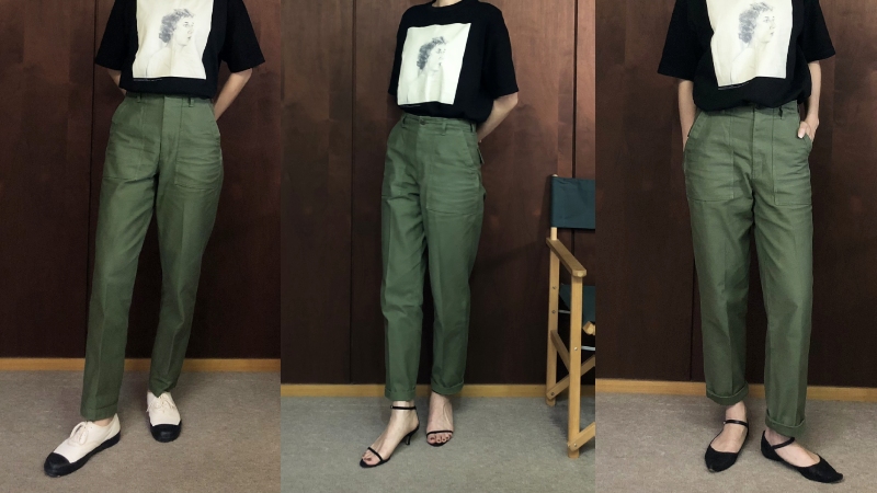 高身長女性の着画　シンゾーンのベイカーパンツ　スニーカー、ヒール、フラットシューズに合わせて