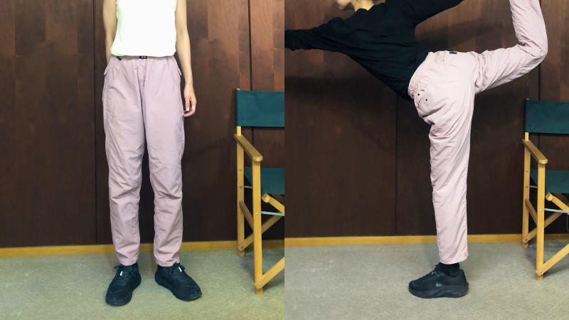 山と道の5ポケットパンツの着画　正面・足をあげた横から