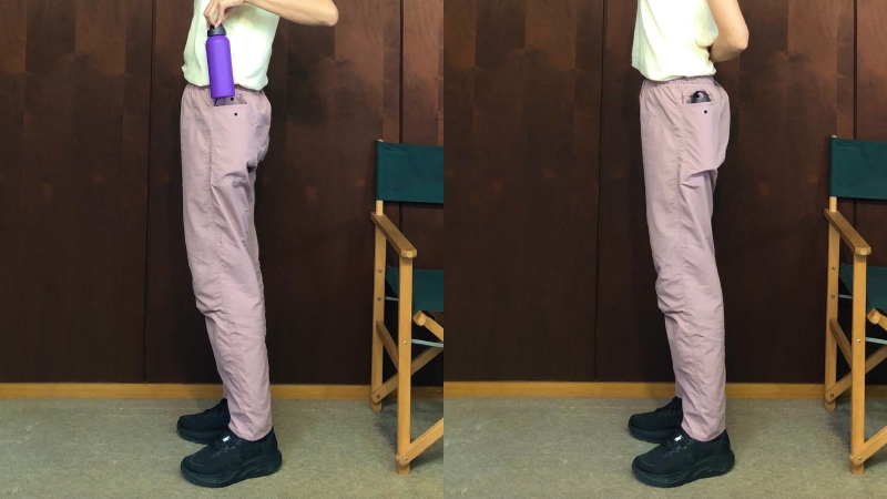 山と道の５ポケットパンツ　ペットボトルをポケットに入れた着画　